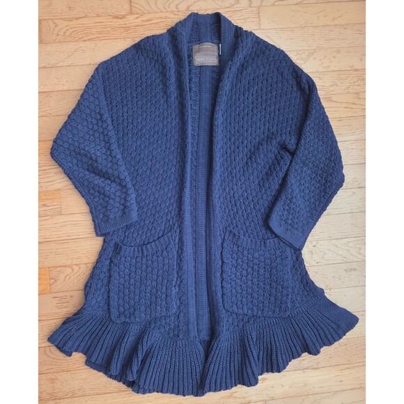 Anthropologie Guinevere Womens XS Blue Cable Knit Ruffle Hem Cardigan Sweater - Picture 1 of 7